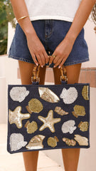 Audrina Beaded Seashells Bamboo Tote Bag - Navy / Gold