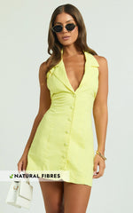 Sammie Mini Dress - Backless Halter Neck Linen Dress in Lemon