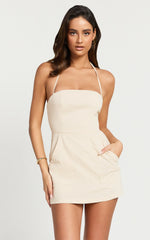 Parker Playsuit - Halter Tie Neck Linen Skort Playsuit in Oatmeal