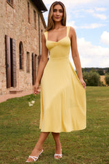 Thandie-Sweetheart-Neck Ruched Midaxi Dress in Pastel Yellow