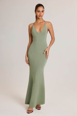 Leire-Modal Plunge Backless Maxi Dress in Sage Green