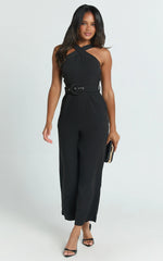 Tracy Jumpsuit - Diamond Neck Belted Straight Leg Jumpsuit in Black