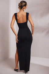 Sloane-High Split Plunge Neck Maxi Dress in Black