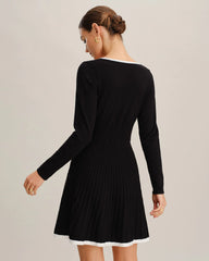 Black Contrasting V Neck Button Sweater Dress