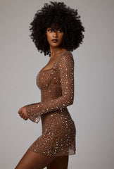 Zeta-Sheer Embellished Long Sleeve A-Line Mini Dress in Mocha