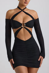 Kemina-Off-Shoulder Ruched Cut-Out Mini Dress in Black