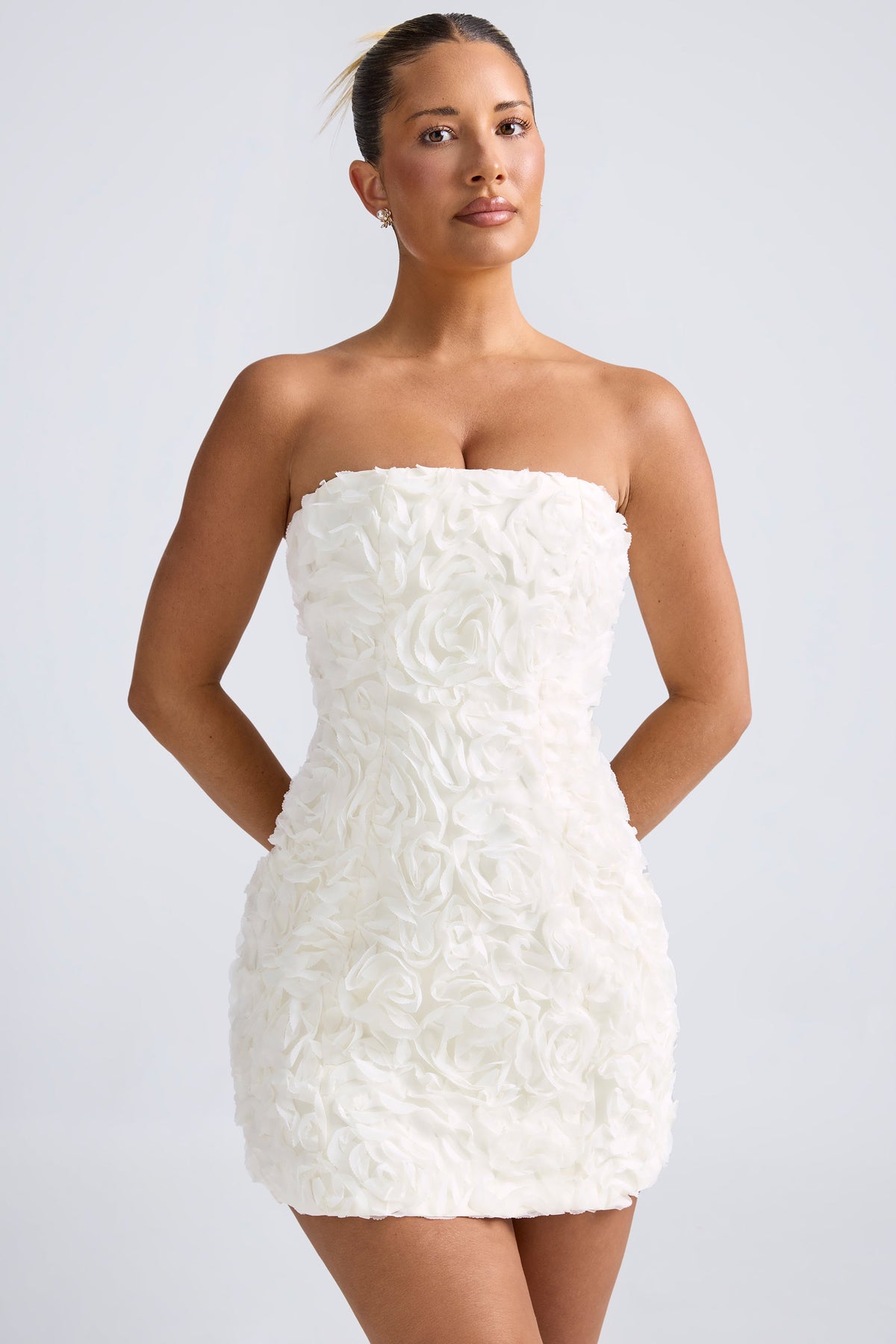 Azaelea-Floral-Appliqué Bandeau A-Line Mini Dress in White