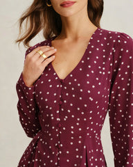 Wine Red Polka Dot V Neck Blouse