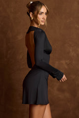 Darana-Open-Back Draped A-Line Mini Dress in Black
