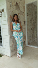 Caesar Button Up Top - Blue / Green Print