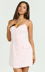 Liesie Mini Dress - Button Front V Neck Dress in Pink