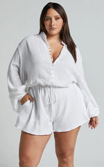Laylani Playsuit - V Neck Puff Sleeve in White