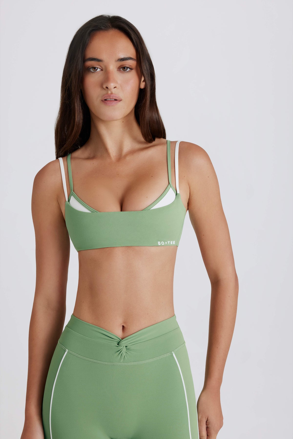 Soft Active Twist-Back Layered Sports Bra in Green
