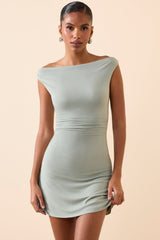 Kyra-Modal Off-Shoulder Ruched A-Line Mini Dress in Smoke Green