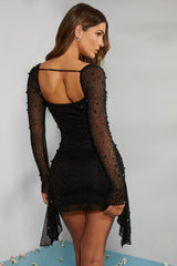Tivoli-Long Sleeve Embellished Cowl Neck Mini Dress in Black