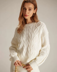 The Beige Round Neck Ribbed Cable Sweater