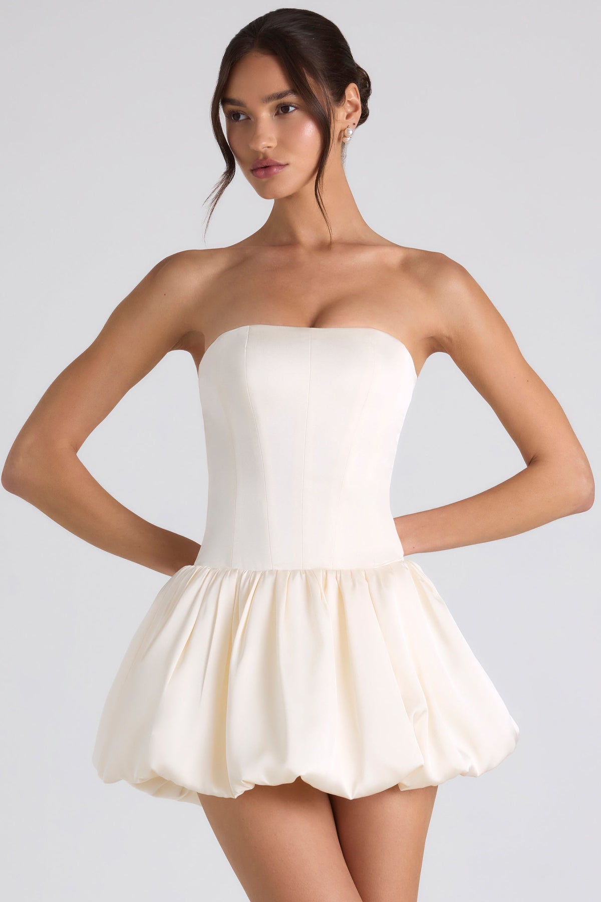 Fabiola-Lace-Up Bubble Hem Corset Mini Dress in Ivory