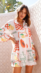 Aceso Asymmetrical Mini Dress - Lemon / Papaya Print