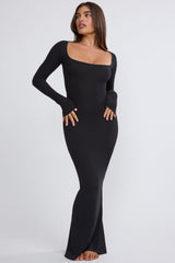 Jude-Ribbed Modal Long Sleeve Maxi Dress in Black