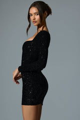 Sephina-Embellished Sweetheart-Neck Mini Dress in Black