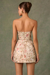 Dahlia-Embellished Strapless A-Line Mini Dress in Floral Beige
