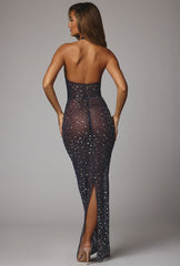 Soraya-Sheer Embellished High Neck Evening Gown in Navy