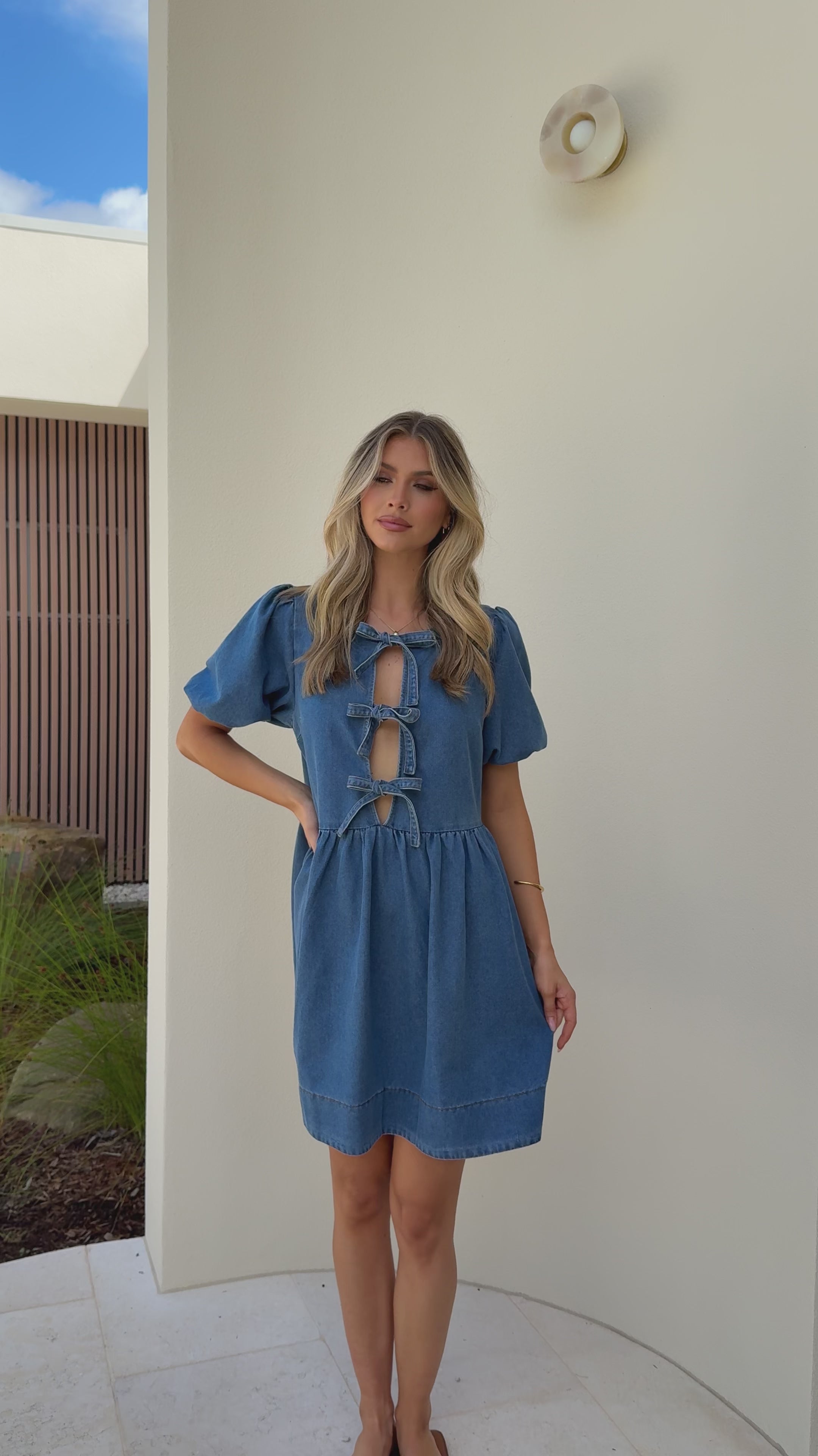 Cantara Tie Front Mini Dress - Mid Blue Denim