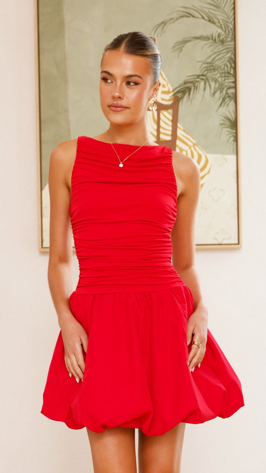 Meera Boat Neck Mini Dress - Red