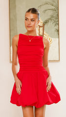 Meera Boat Neck Mini Dress - Red
