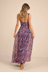 Evaluna Purple Abstract Print Lurex Pleated Maxi Dress