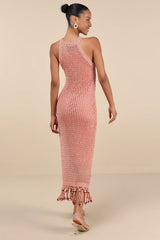 Marama Shiny Coral Crochet Sleeveless Fringe Midi Dress