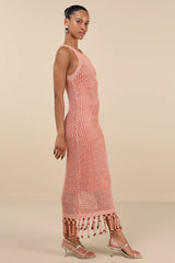Marama Shiny Coral Crochet Sleeveless Fringe Midi Dress