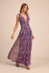 Evaluna Purple Abstract Print Lurex Pleated Maxi Dress