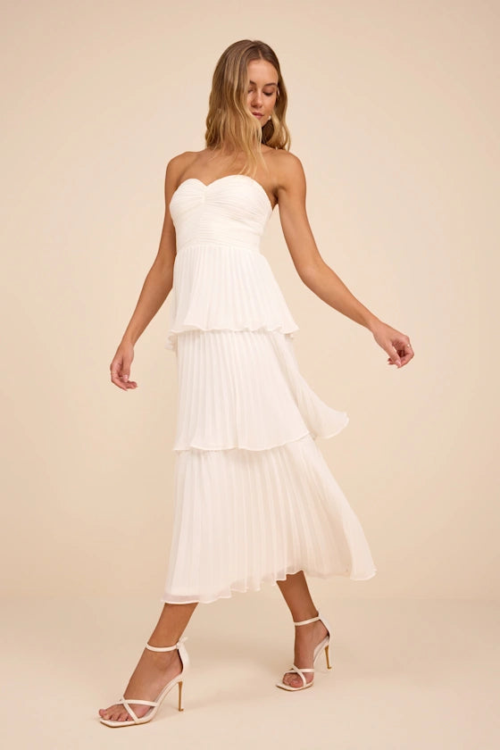 Seriously Sensational White Strapless Tiered Midi Dress