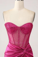 Fuchsia Mermaid Sweetheart Pleated Long Corset Satin Prom Dress With Slit
